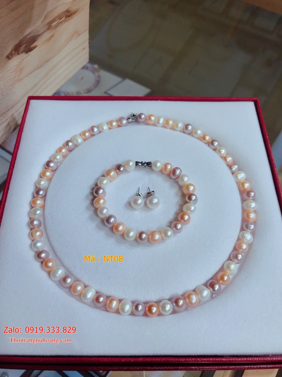 Bộ Ngọc trai tứ quý phối Ngọc trắng Hồng tím NT08